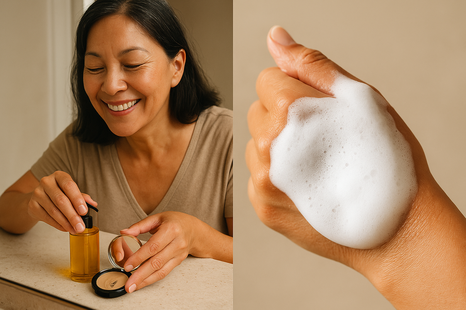 Split composition showing oil dissolving makeup and foam lather on mature skin