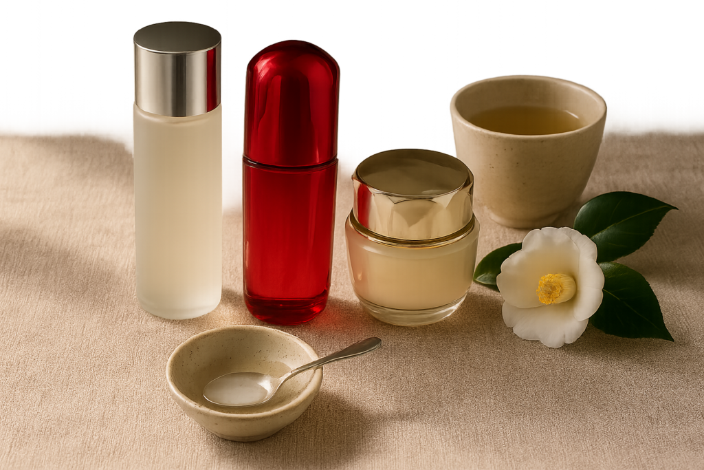 Minimalist still life of three premium Japanese skincare bottles and soft textures on a pale linen surface, morning light