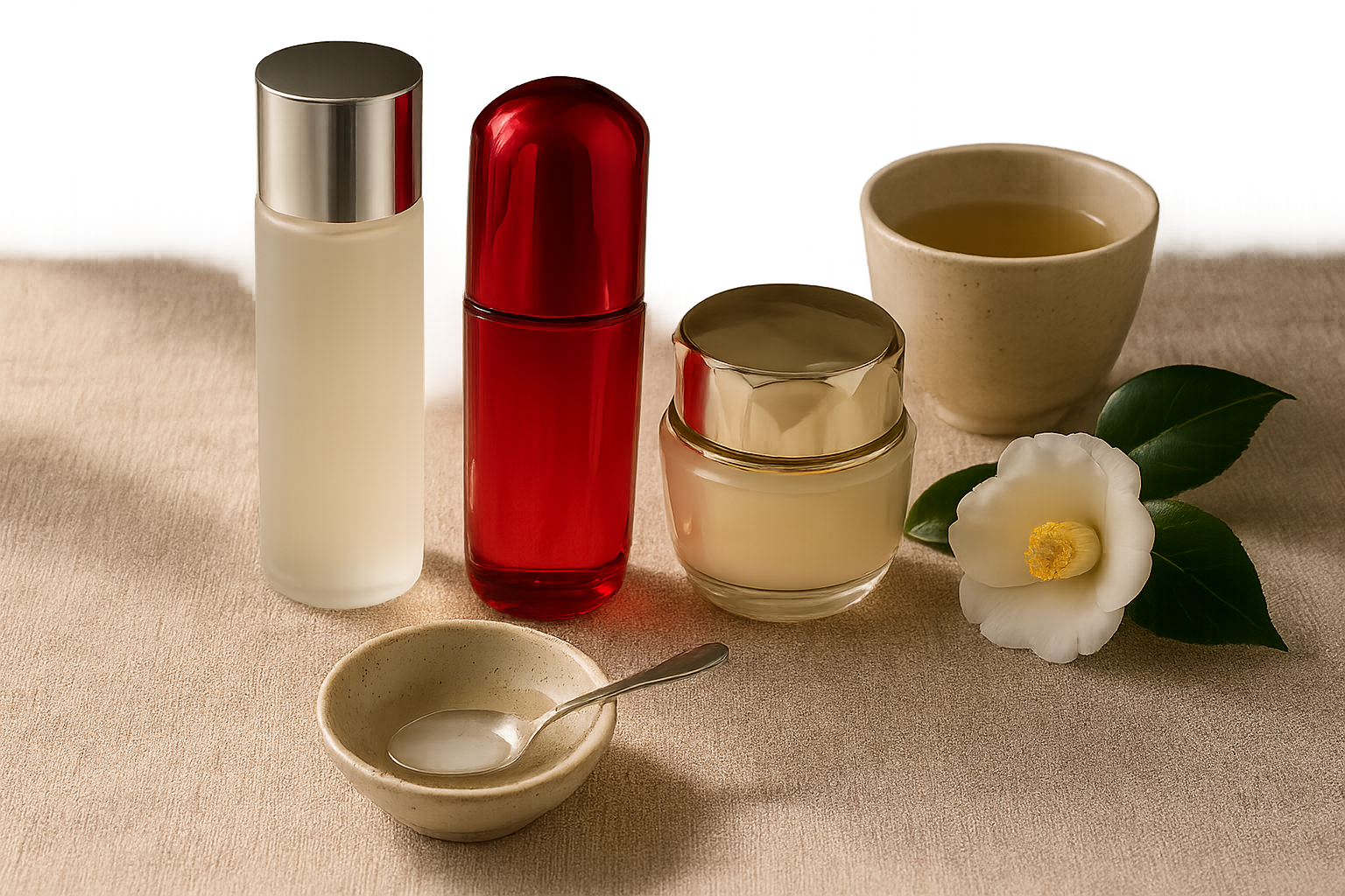 Minimalist still life of three premium Japanese skincare bottles and soft textures on a pale linen surface, morning light