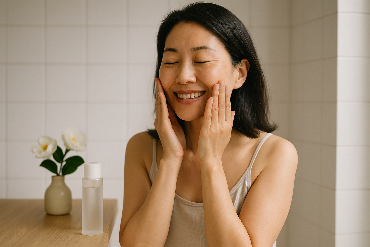 One woman in a sunlit powder room gently patting hydrating essence onto her face, serene smile