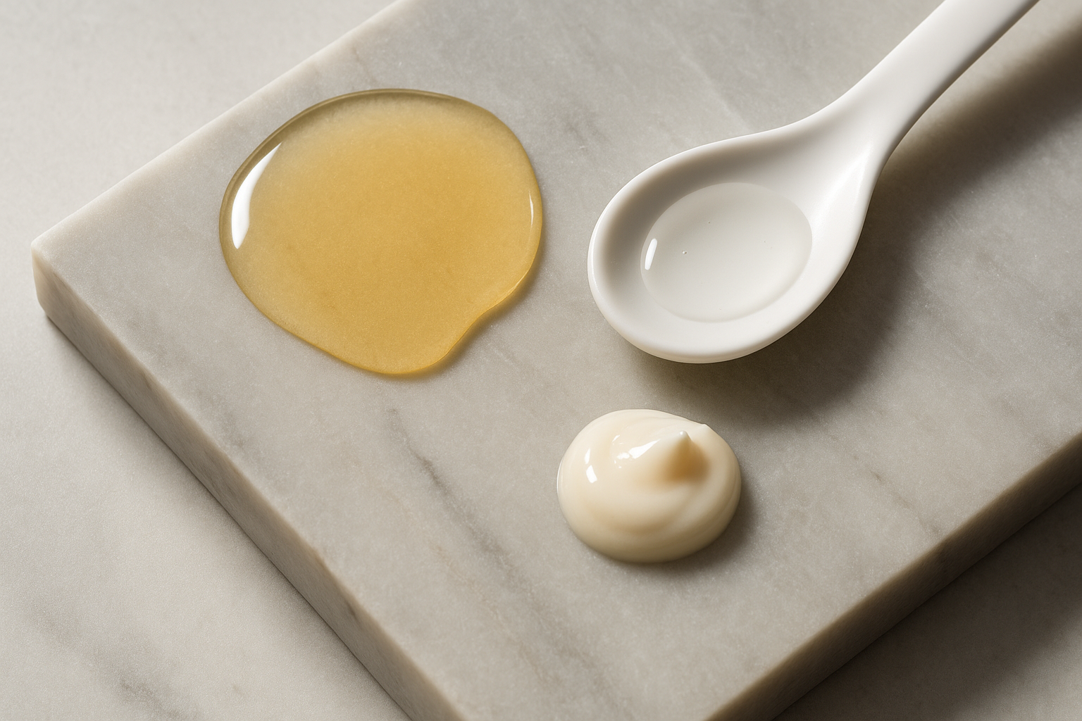 Close-up comparison of three textures on a marble surface: cleansing oil, watery lotion, and a creamy balm