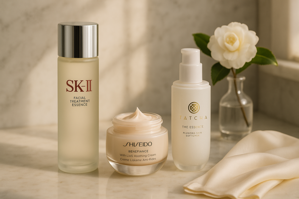 Three luxury skincare bottles—SK-II Facial Treatment Essence, Shiseido Benefiance Jar, and TATCHA The Essence—elegantly arranged on marble with soft morning light