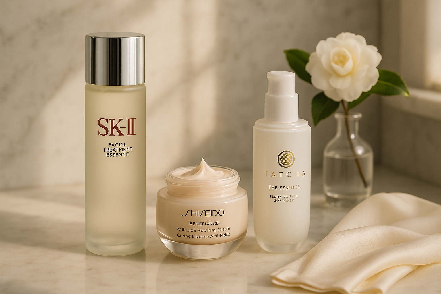Three luxury skincare bottles—SK-II Facial Treatment Essence, Shiseido Benefiance Jar, and TATCHA The Essence—elegantly arranged on marble with soft morning light
