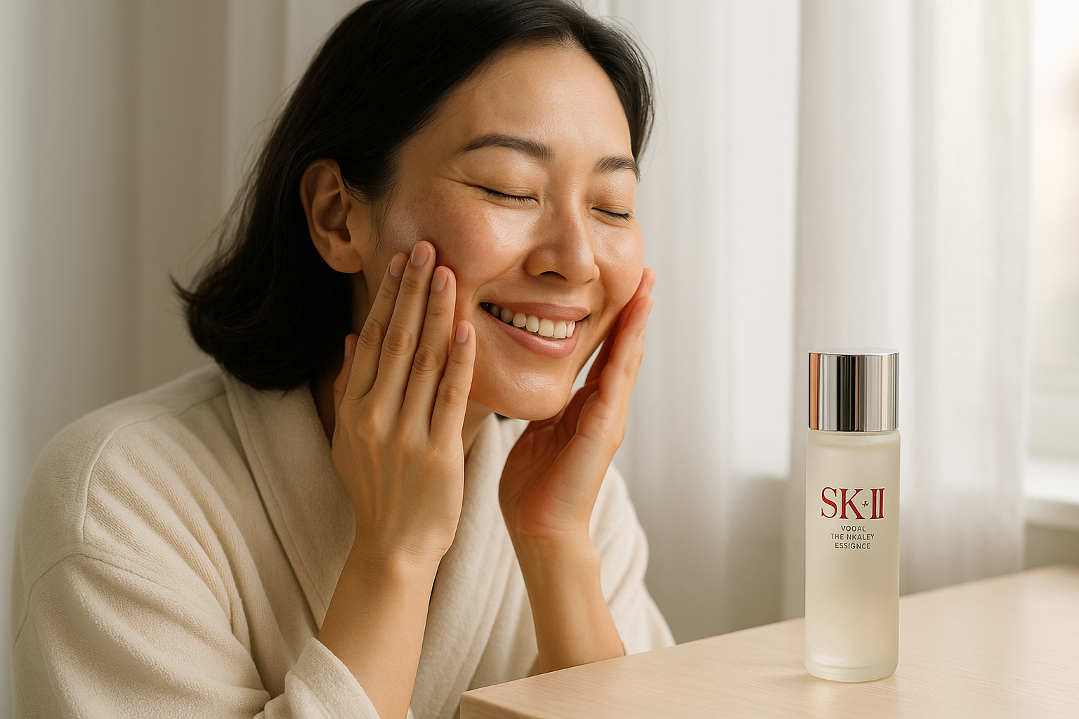 Woman gently patting SK-II Facial Treatment Essence into her cheeks, showing texture and absorption