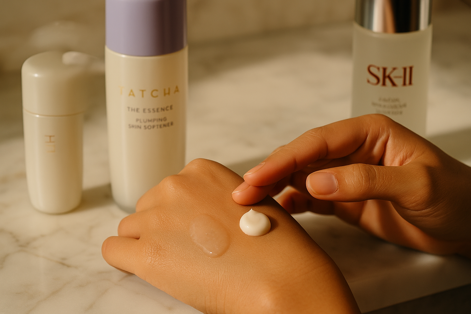 Close-up of hand comparing textures: a dewy patch of TATCHA essence and a creamy pearl of Shiseido Benefiance on the back of the hand