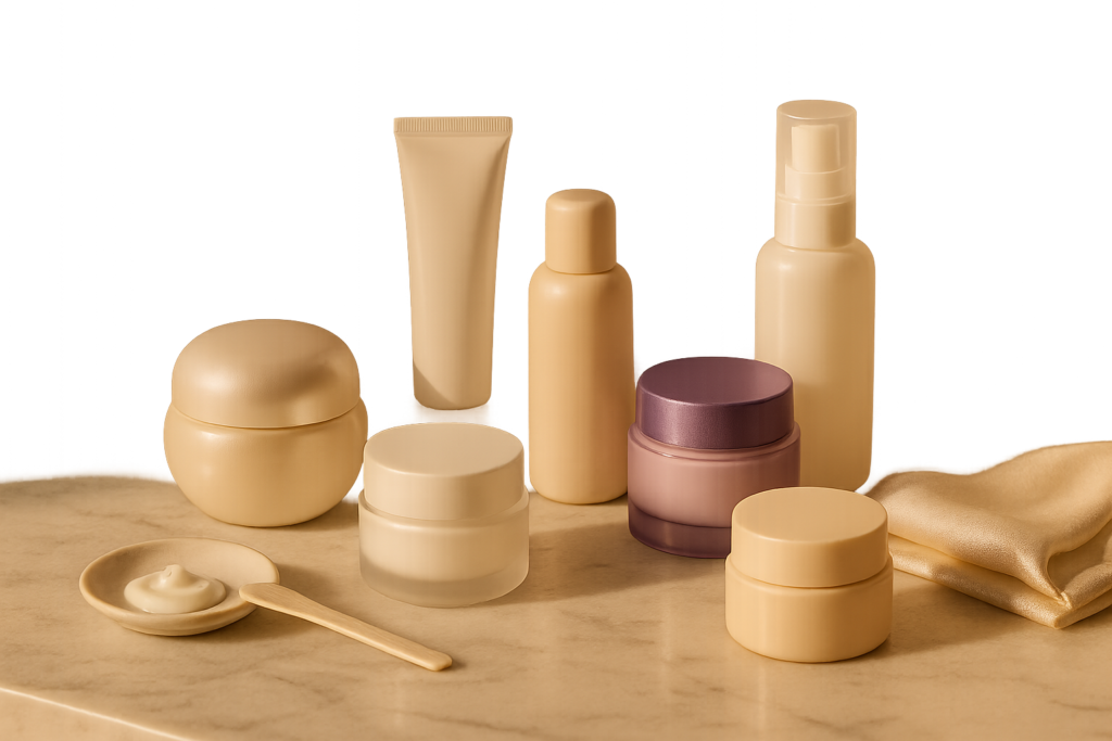 Luxurious arrangement of seven unbranded Japanese cream jars and tubes on marble, soft morning light
