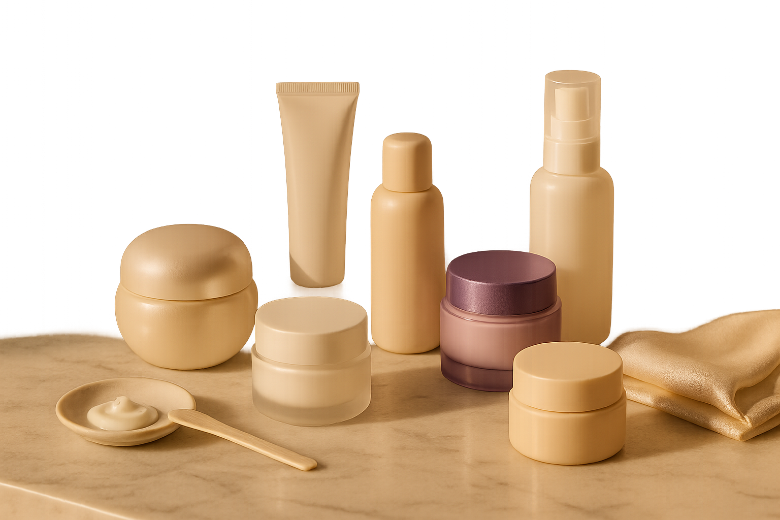 Luxurious arrangement of seven unbranded Japanese cream jars and tubes on marble, soft morning light