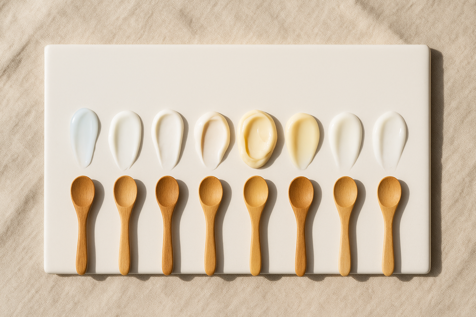 Top‑down comparison of cream textures: swatches on porcelain tile with small labels indicating each formula type