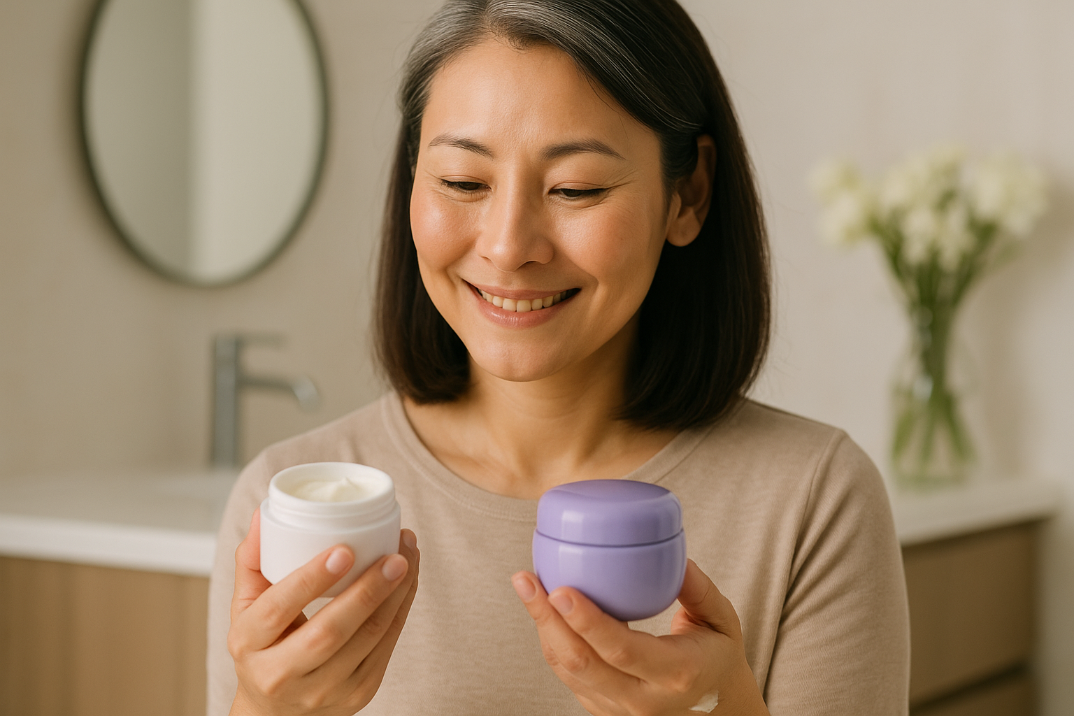 Woman comparing cream textures on the back of her hand in natural bathroom light