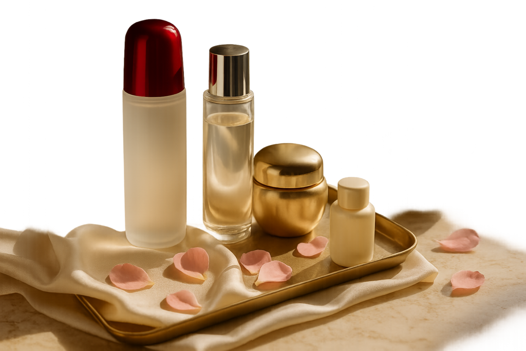 Still life of Japanese luxury skincare on marble with soft morning light, evoking a comparison guide to Japanese versus Western brands