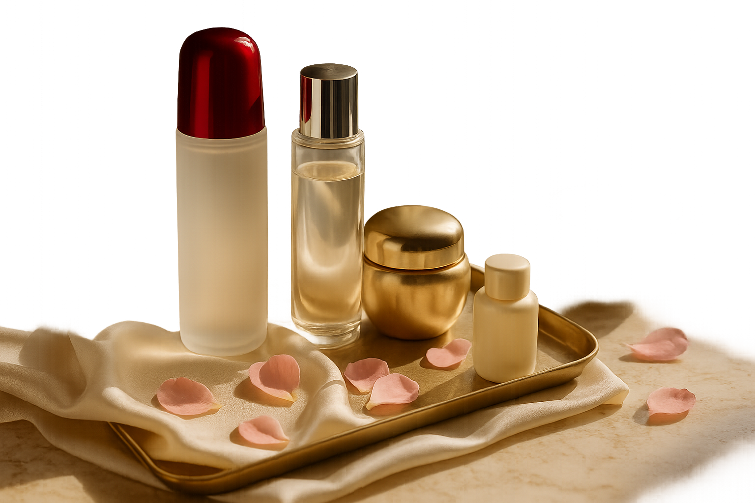 Still life of Japanese luxury skincare on marble with soft morning light, evoking a comparison guide to Japanese versus Western brands