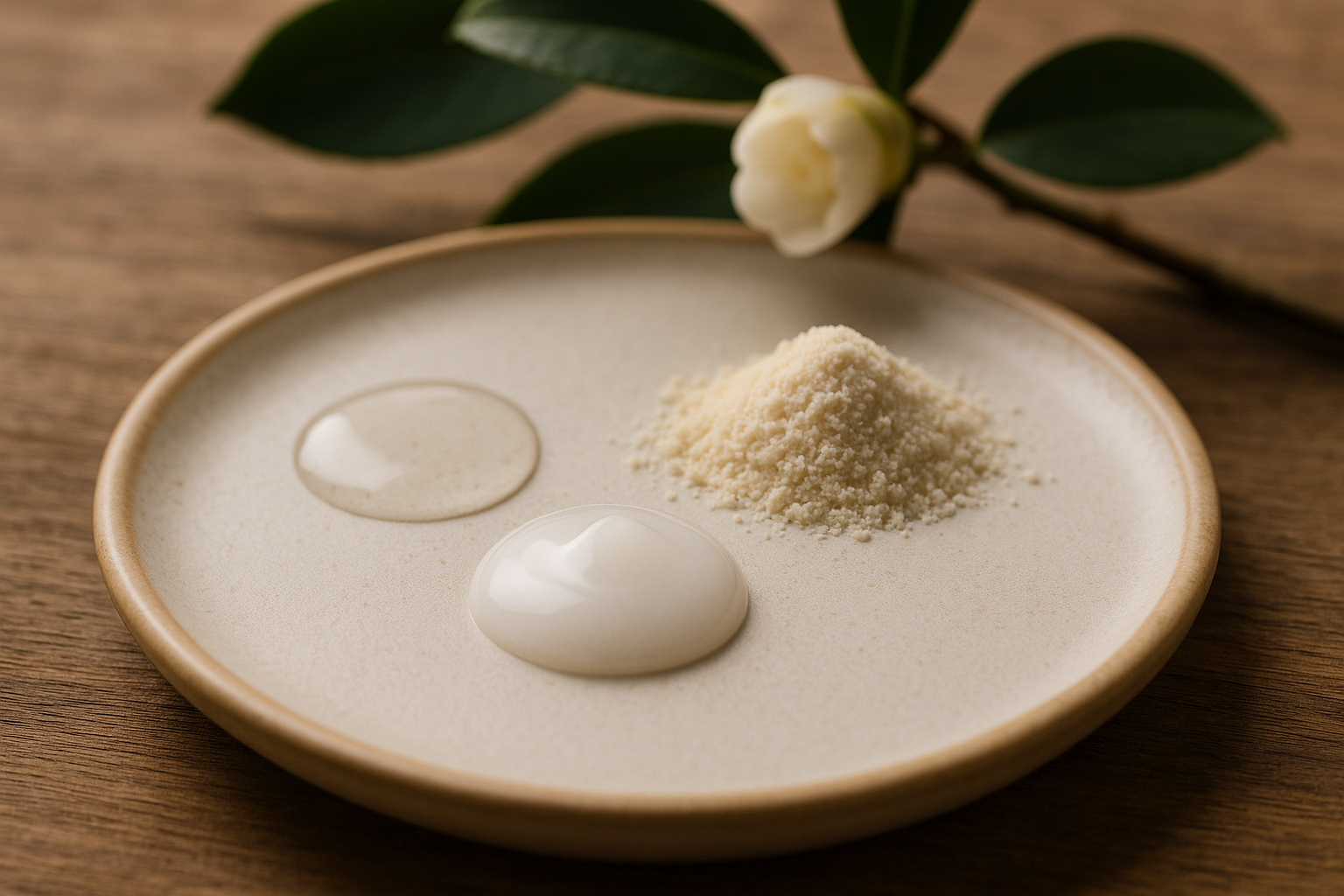 Close-up textures: clear essence droplets, hyaluronic gel, and rice bran powder illustrating ingredient philosophies