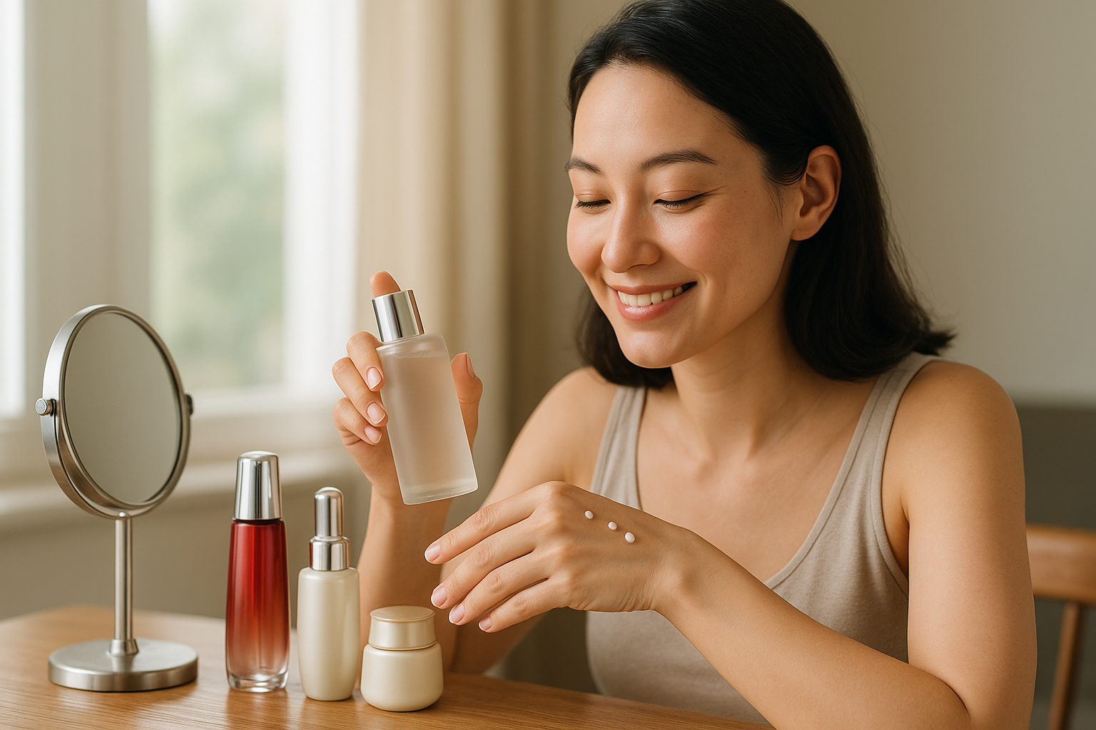 Woman comparing textures of four products on the back of her hand at a vanity, deciding which formula fits her routine