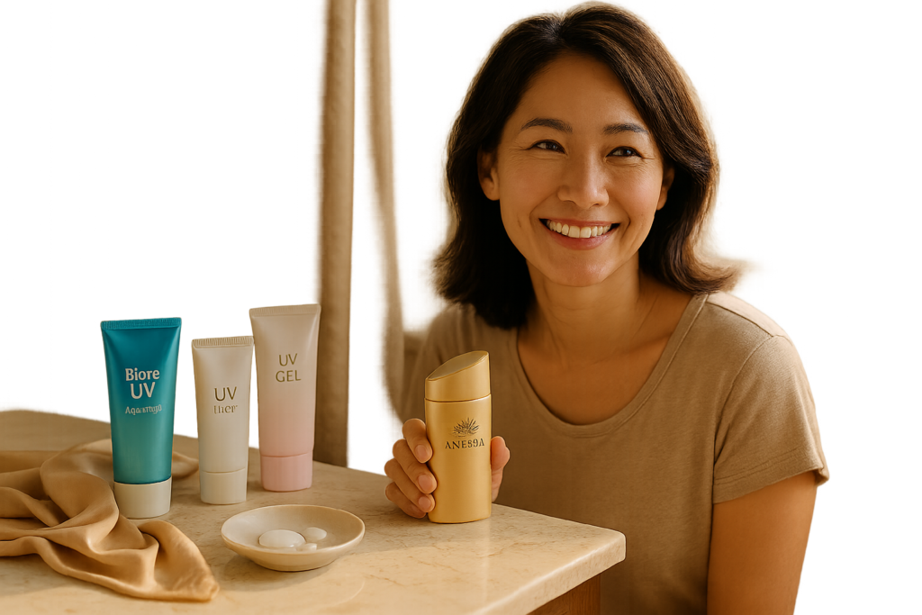 Elegant morning vanity with a woman in her 40s holding Shiseido Anessa among Japanese sunscreens