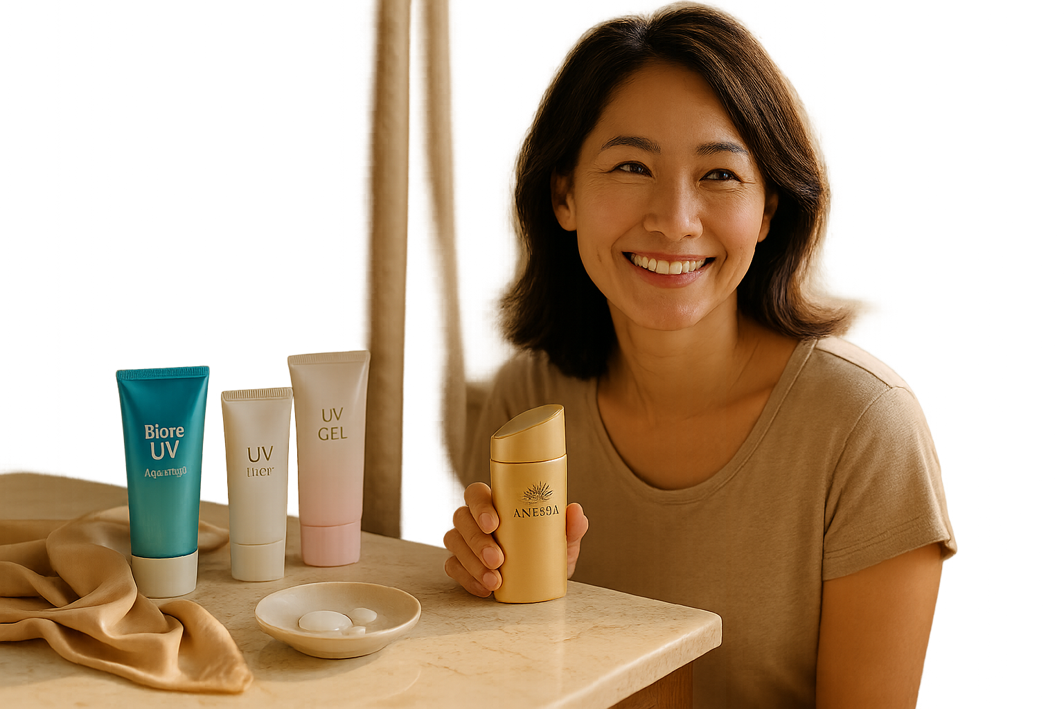 Elegant morning vanity with a woman in her 40s holding Shiseido Anessa among Japanese sunscreens