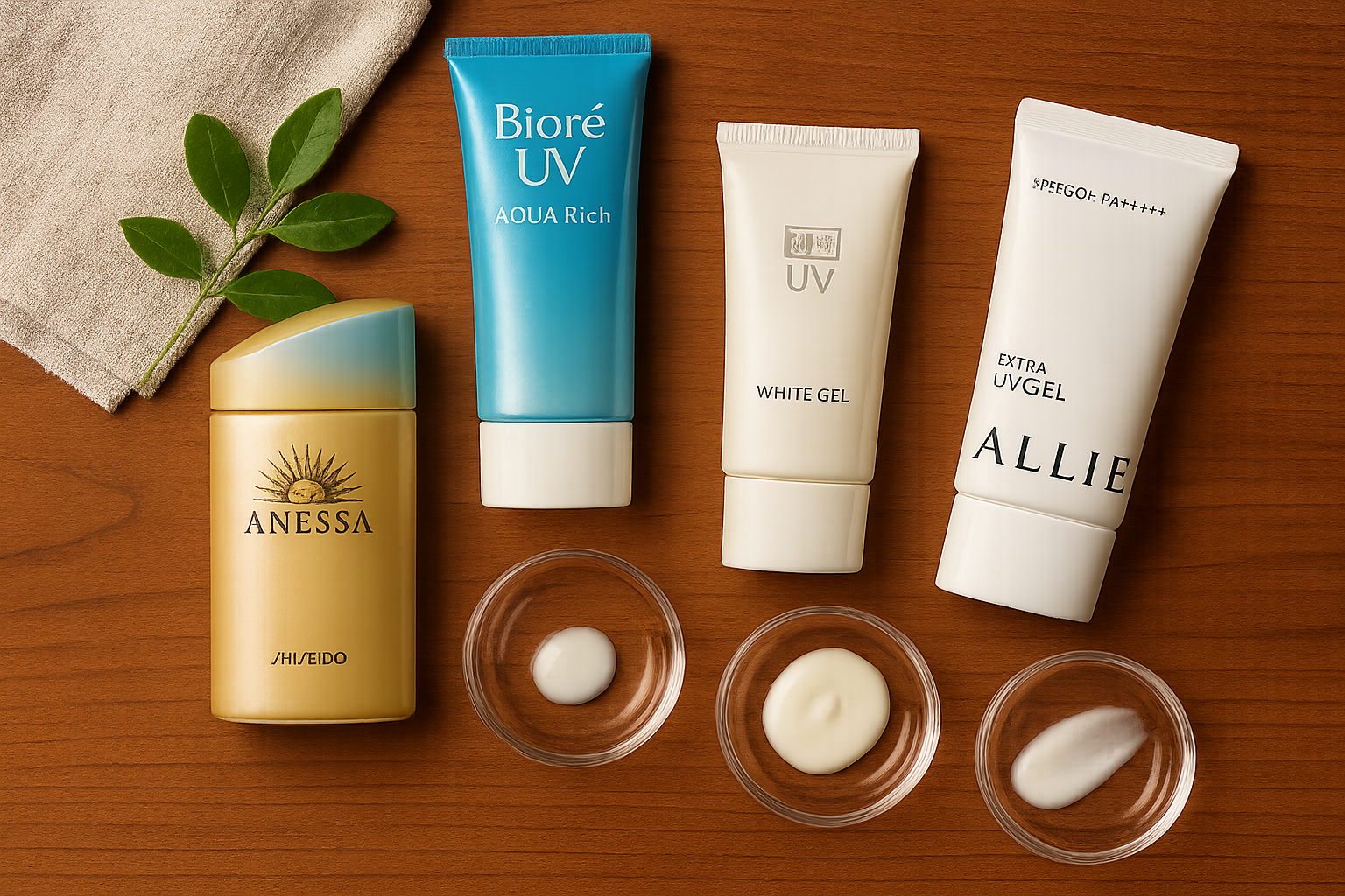 Flat lay of four Japanese sunscreens with texture swatches on a wooden board