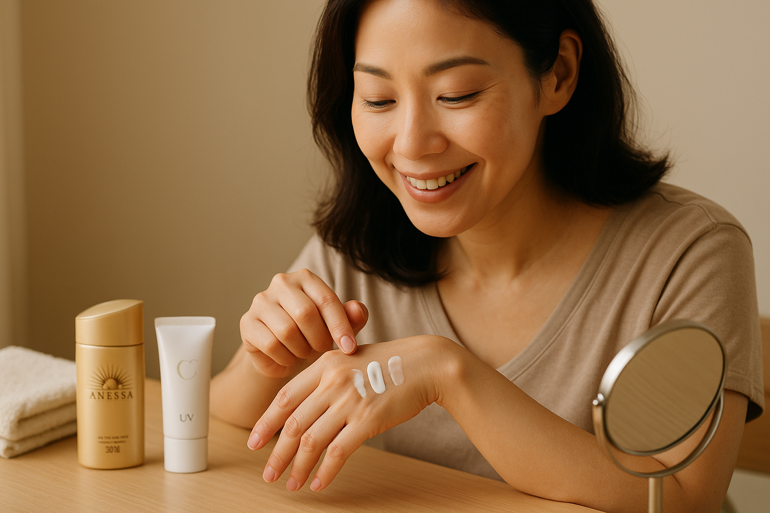 Woman comparing swatches of sunscreens on her hand at a clean vanity