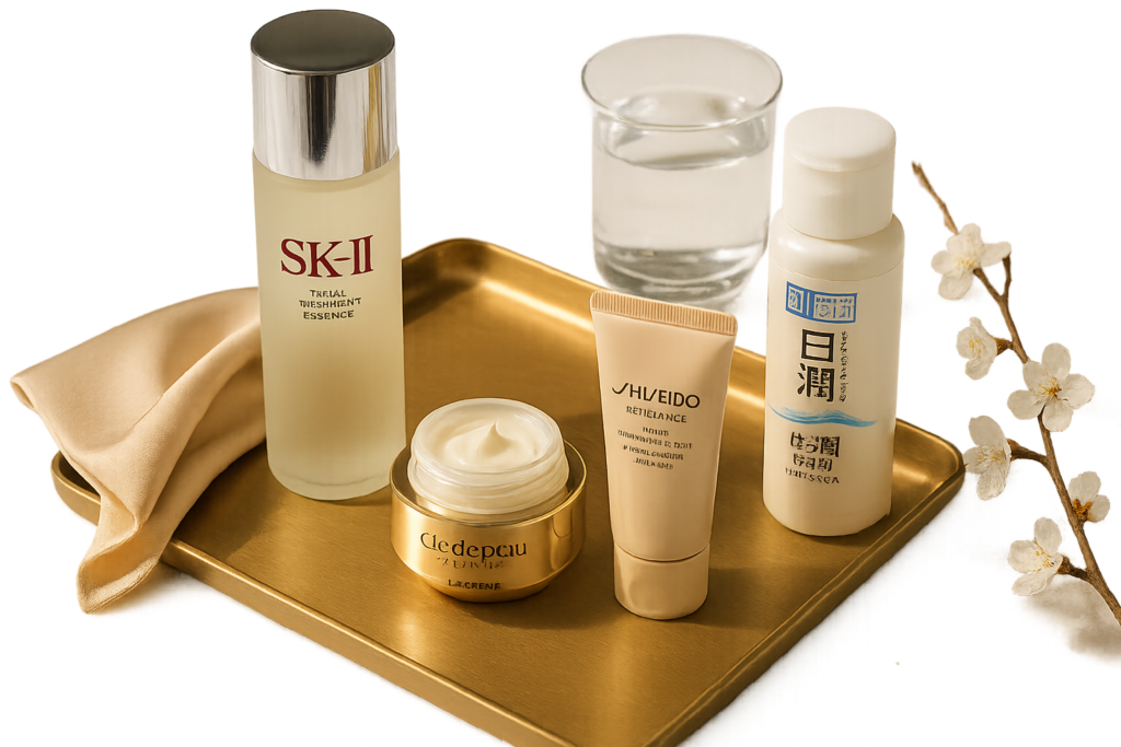 Elegant flatlay of Japanese luxury skincare products arranged on marble to illustrate a 30-day routine