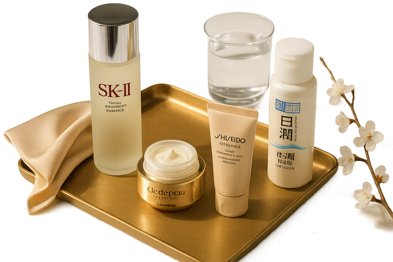 Elegant flatlay of Japanese luxury skincare products arranged on marble to illustrate a 30-day routine