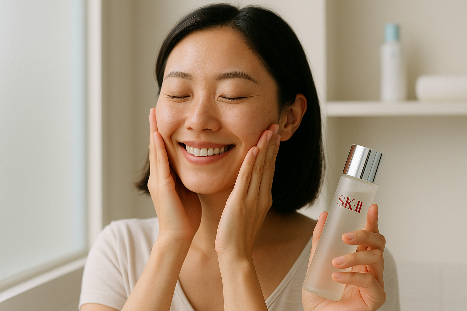 Woman applying an essence in her morning routine, demonstrating the AM & PM template