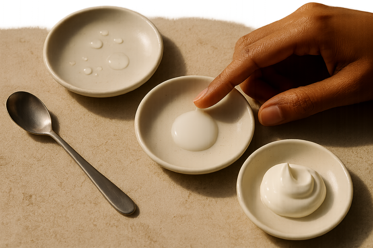 Texture study showing lotions, essences and creams on porcelain dishes for choosing formulas