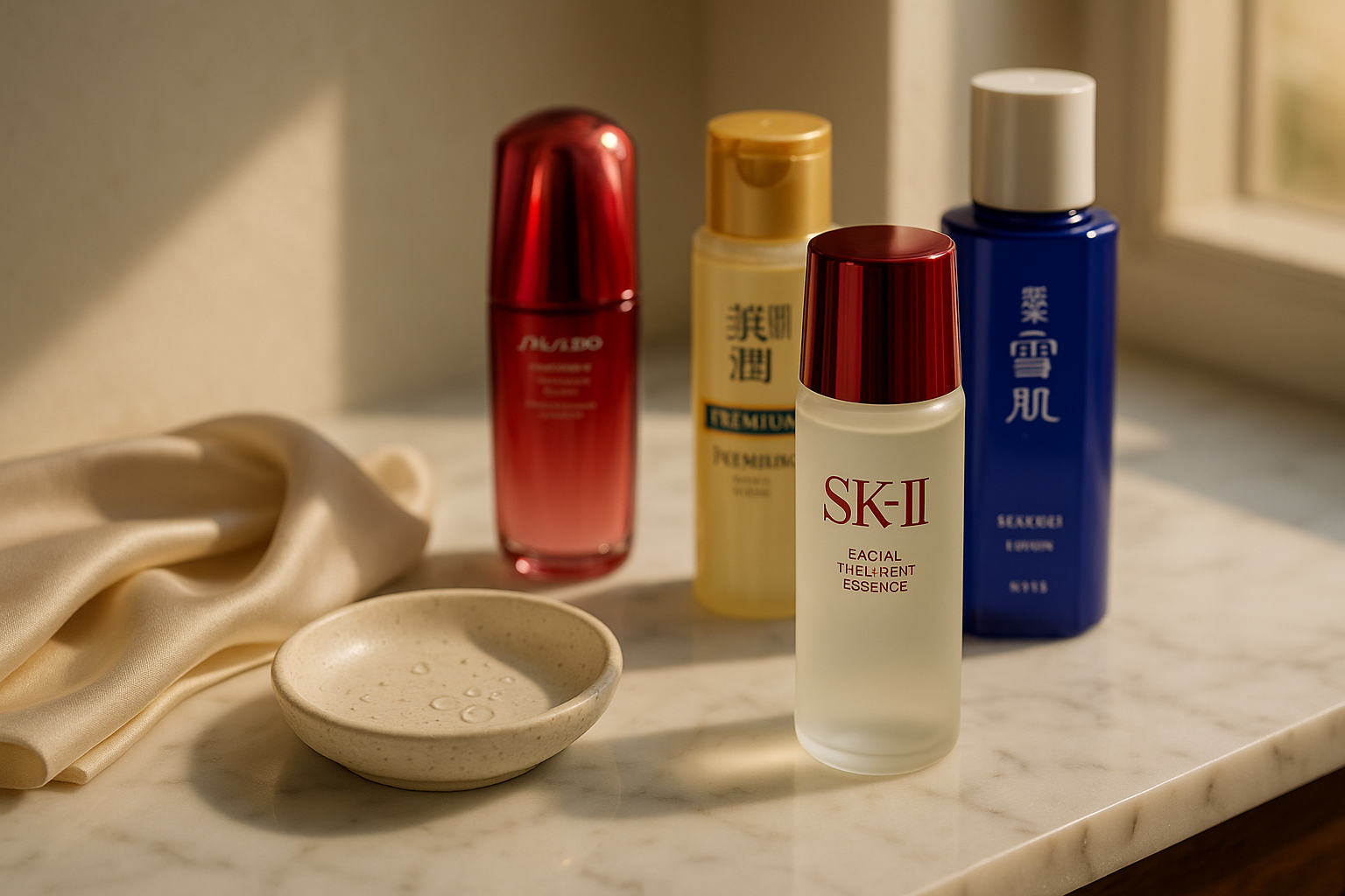 Premium still life of SK-II Facial Treatment Essence bottle beside Shiseido, Hada Labo and Kose lotions on a marble vanity, soft morning light