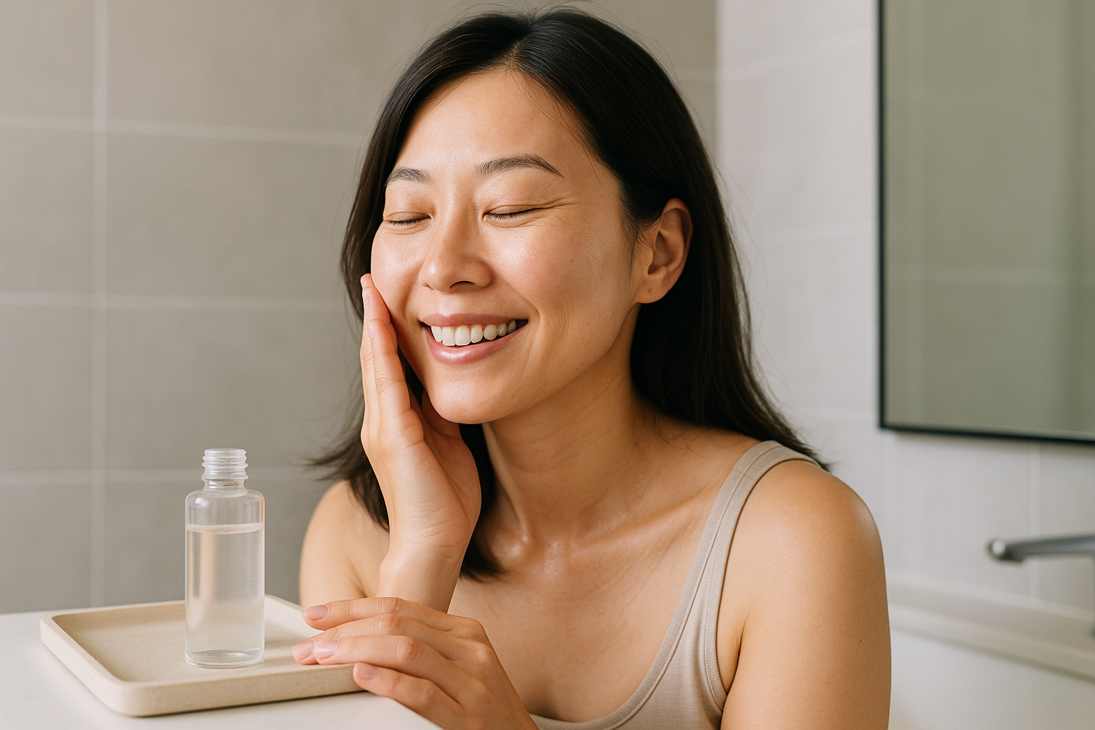 Woman in her 40s smiling while patting a lightweight essence into her cheek in a bright bathroom