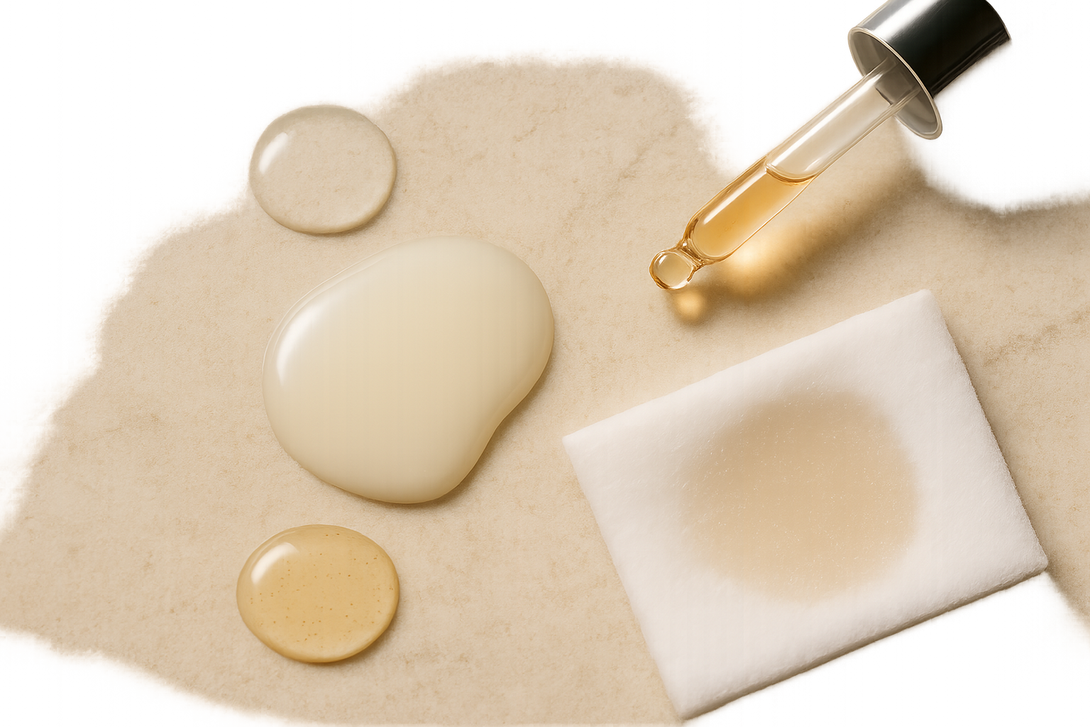 Close-up of four different textures: watery essence droplets, viscous lotion, serum dropper on skin, and a cotton pad with lotion