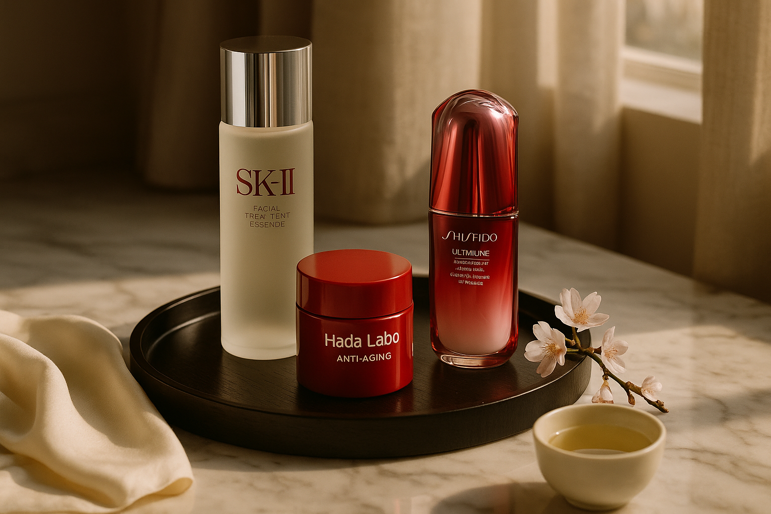 Three premium Japanese skincare bottles—Shiseido Ultimune, SK‑II Facial Treatment Essence and Hada Labo Gokujyun—arranged on a lacquer tray with green tea and silk scarf