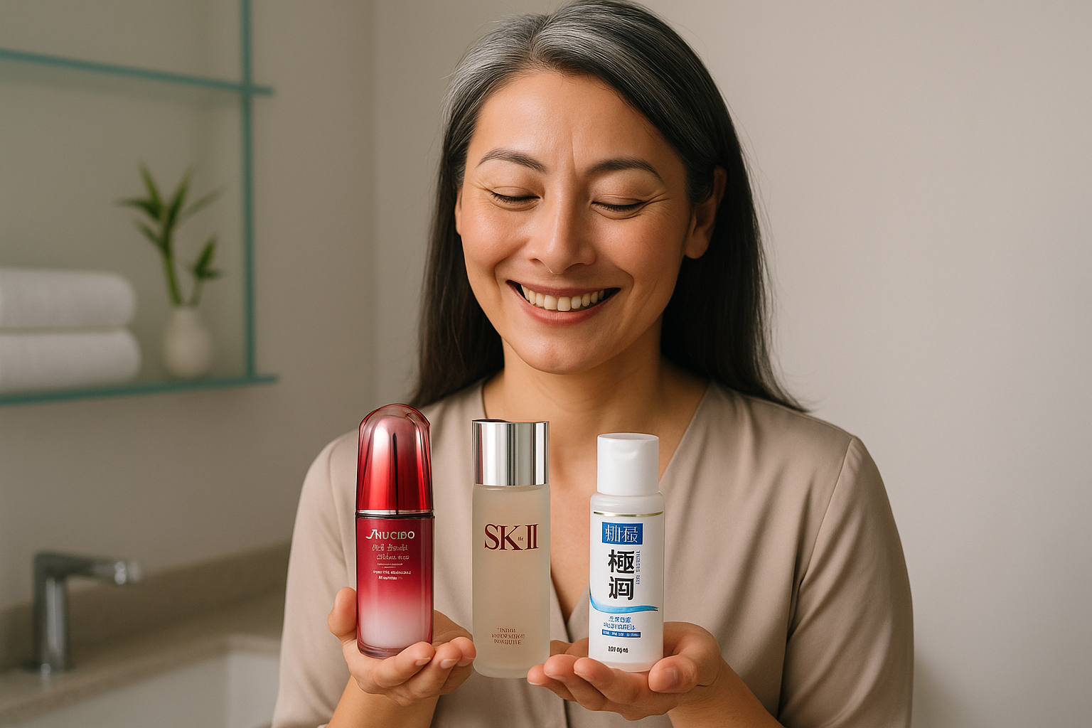 A woman in her 40s evaluating three Japanese skincare bottles in natural bathroom light