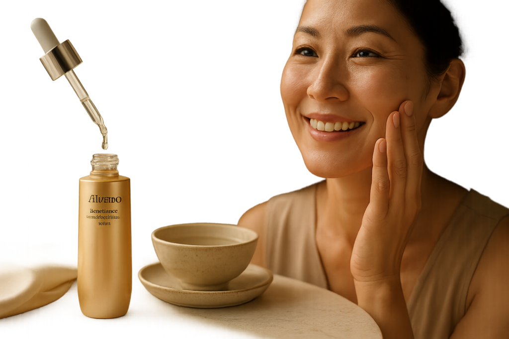 Luxury editorial still life and partial portrait showing Shiseido Benefiance serum bottle and a smiling woman in her 40s applying serum with a dropper on a sunlit vanity