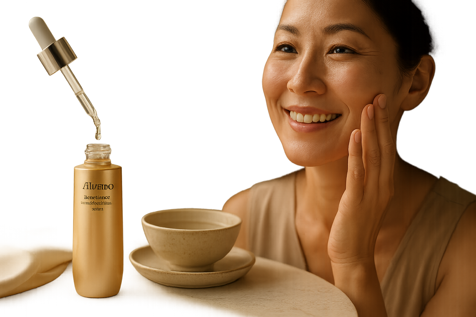 Luxury editorial still life and partial portrait showing Shiseido Benefiance serum bottle and a smiling woman in her 40s applying serum with a dropper on a sunlit vanity