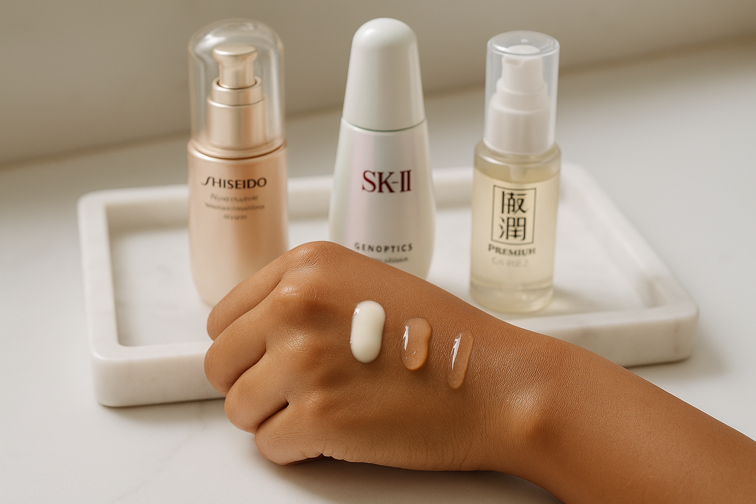 Close-up of serum textures and product trio: Benefiance, SK‑II GenOptics, Hada Labo with fingertip swatches