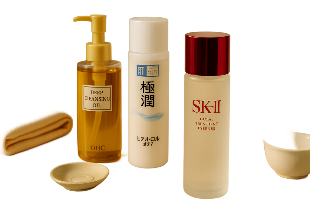 Luxurious still life of Japanese skincare bottles on marble tray with soft morning light, featuring SK‑II Facial Treatment Essence prominently