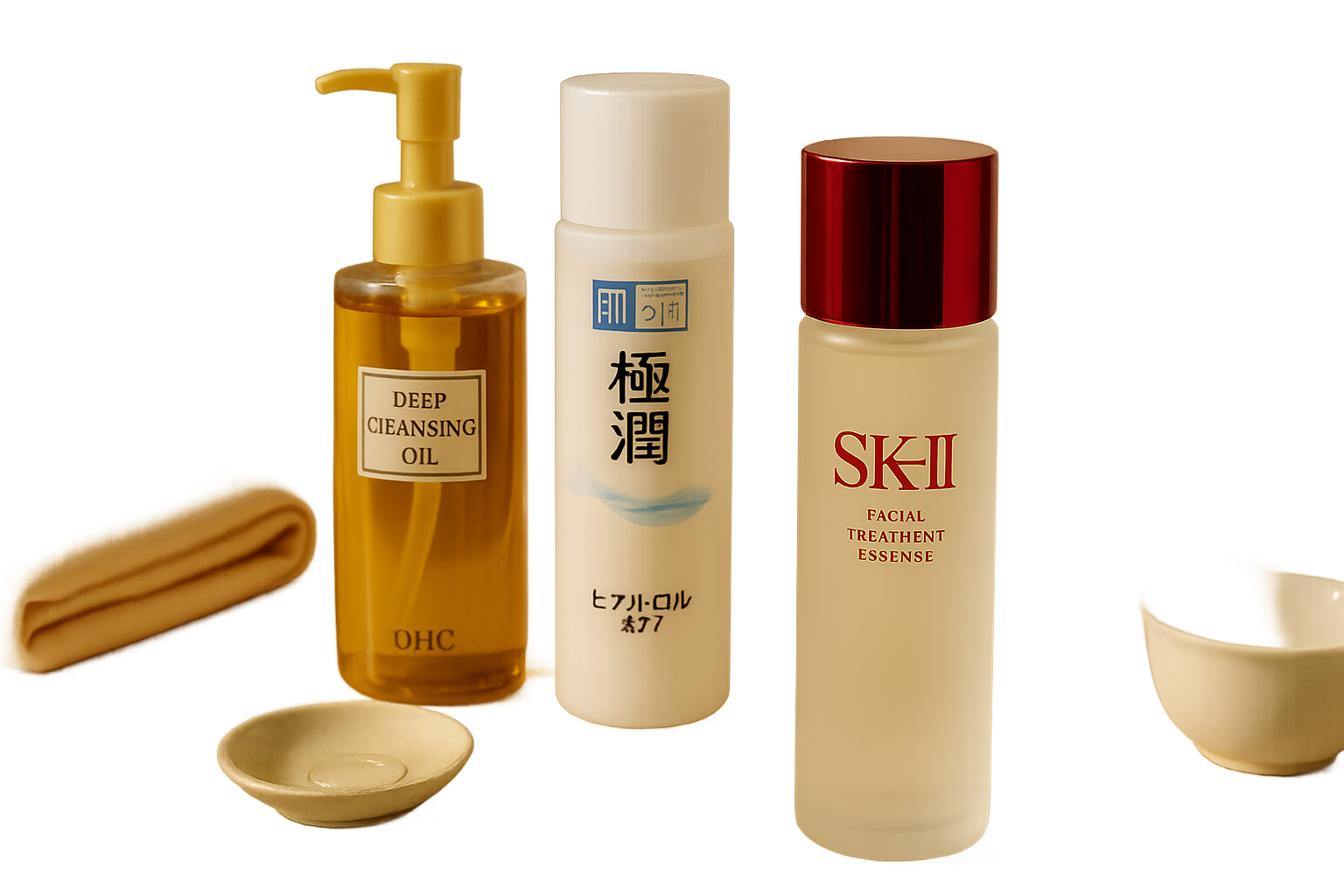 Luxurious still life of Japanese skincare bottles on marble tray with soft morning light, featuring SK‑II Facial Treatment Essence prominently