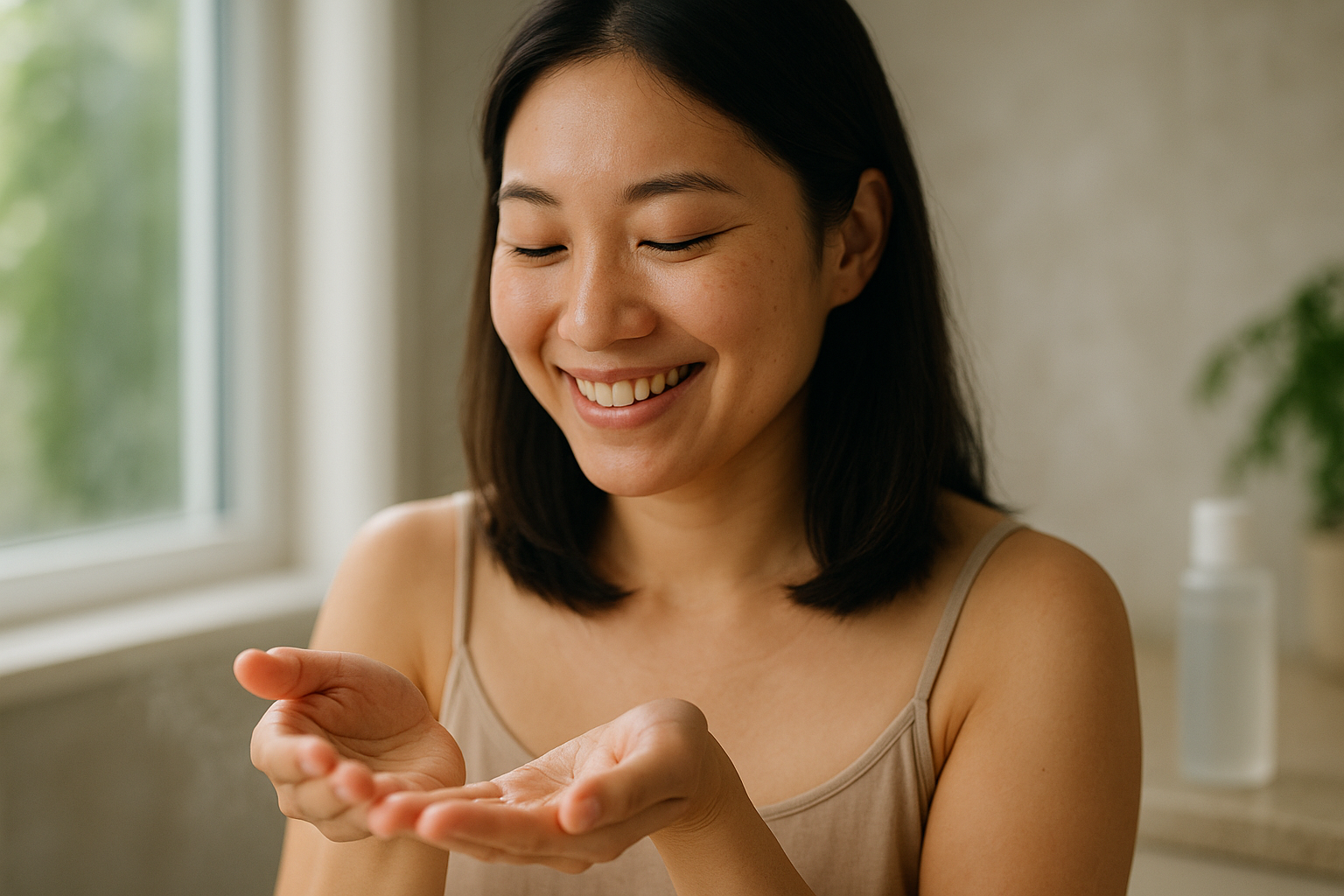 Woman pouring Hada Labo lotion into palms in a calm bathroom, demonstrating Japanese layering