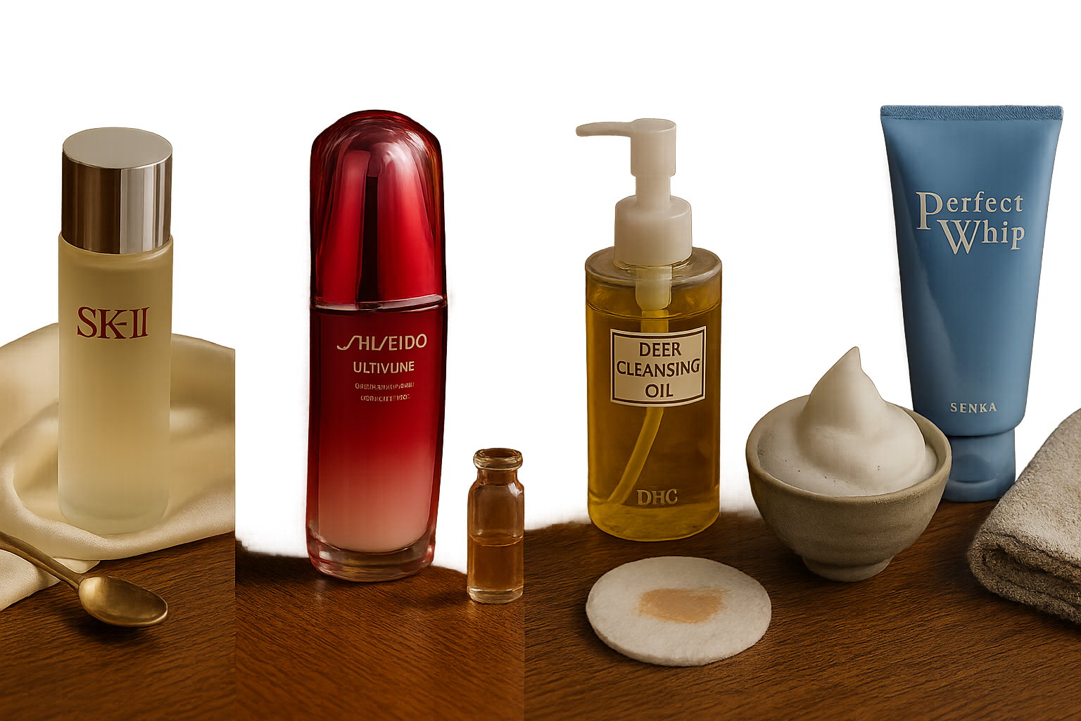 Comparative product vignette: four Japanese products arranged with props to suggest who each suits