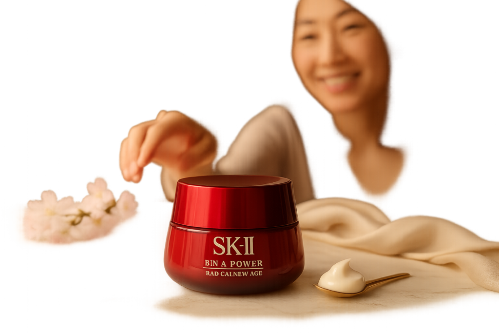 Frosted SK-II jar and luxury cream textures on marble with a smiling woman in her 40s in soft-focus background