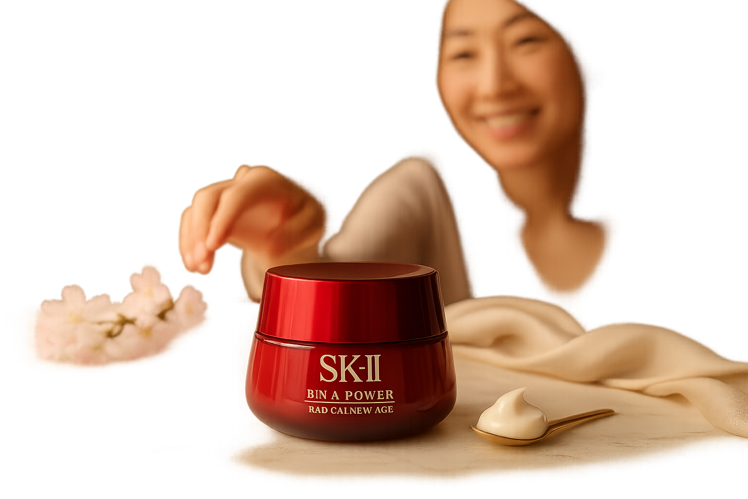 Frosted SK-II jar and luxury cream textures on marble with a smiling woman in her 40s in soft-focus background