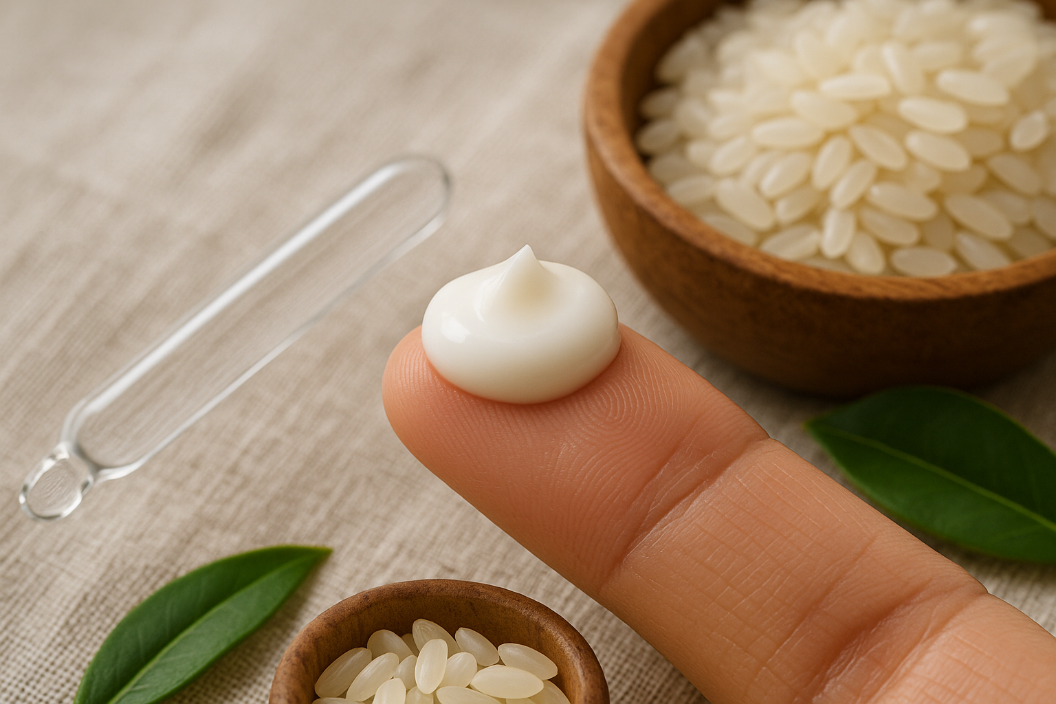 Close-up of cream textures, hyaluronic acid dropper and rice grain bowl illustrating Japanese ingredient focus