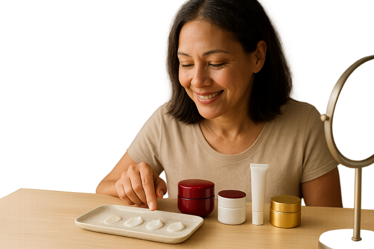 Four distinct Japanese cream packages on a vanity with a smiling mixed-background woman comparing them