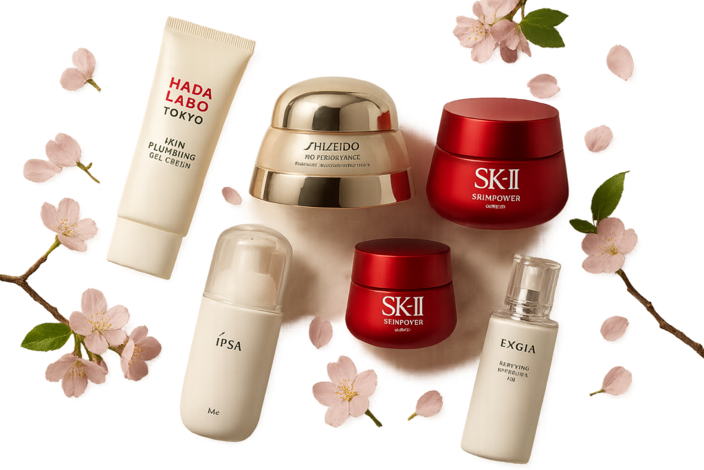Elegant flat lay of five luxury Japanese face creams with minimalistic design and natural elements, showcasing a premium skincare routine for women over 40