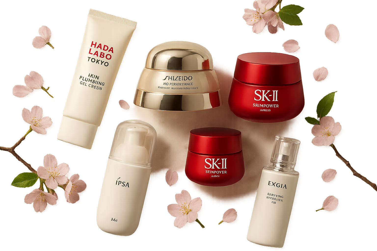 Elegant flat lay of five luxury Japanese face creams with minimalistic design and natural elements, showcasing a premium skincare routine for women over 40