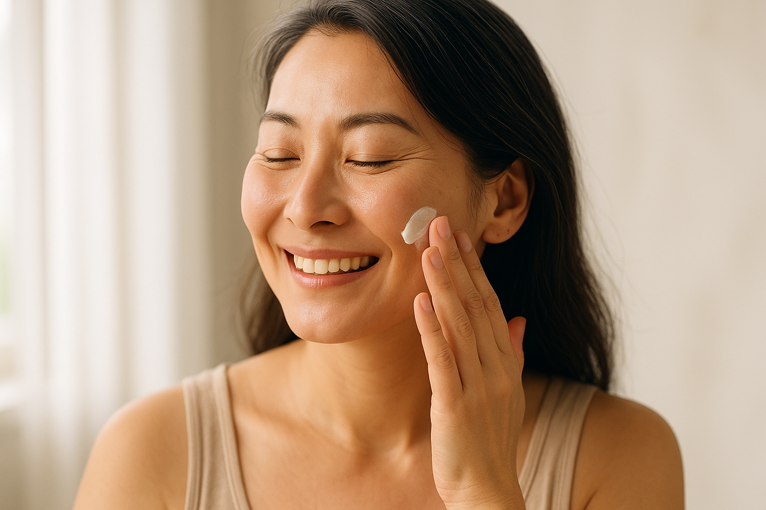 Close-up of a woman in her 40s applying lightweight cream to her cheek, showcasing smooth skin texture and natural beauty