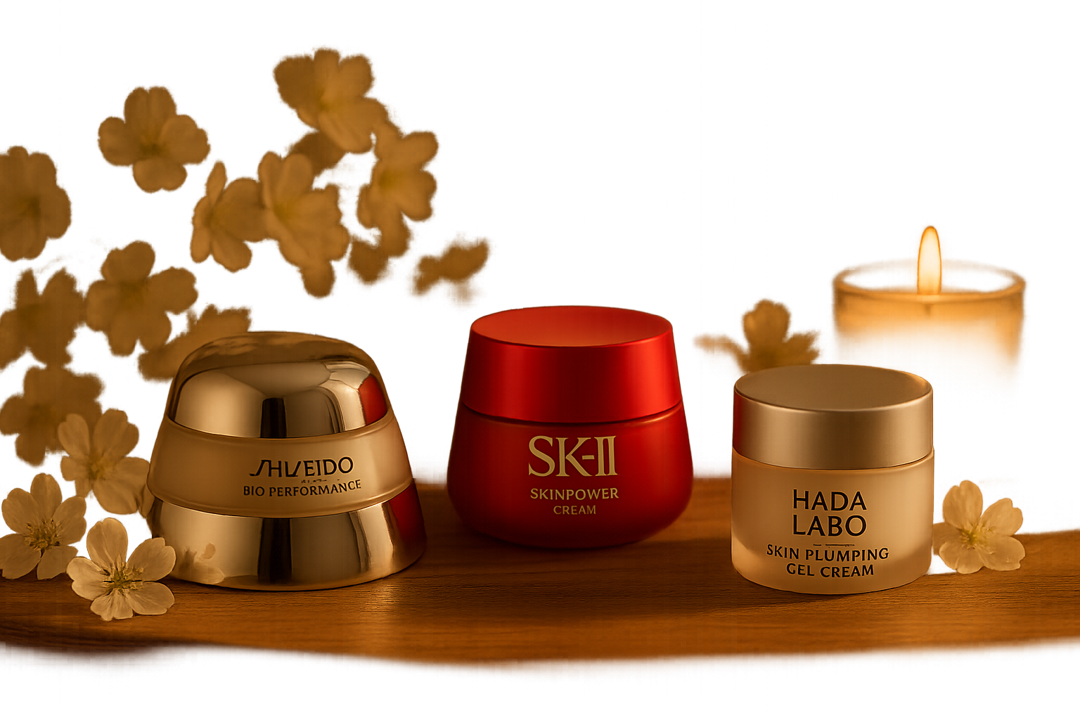 Elegant vanity table with Japanese skincare products, a cozy setting with warm light and fresh blossoms