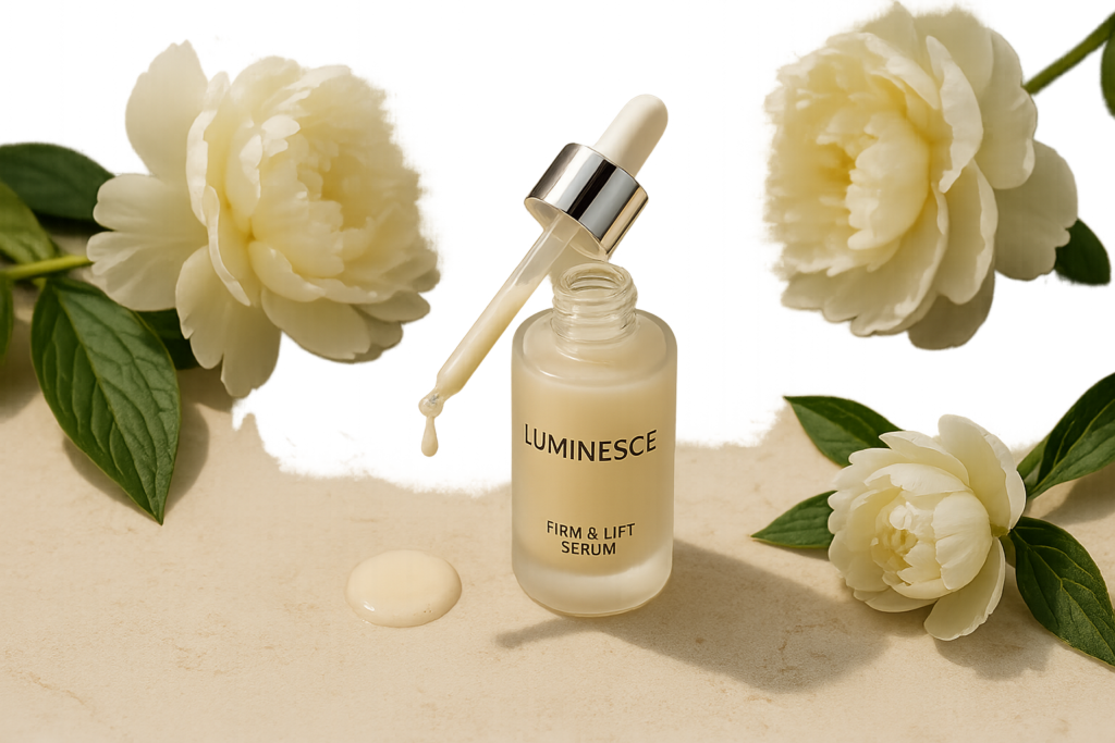 Still life of Luminesce Firm & Lift Serum with natural ingredients and soft lighting symbolizing skin firmness support
