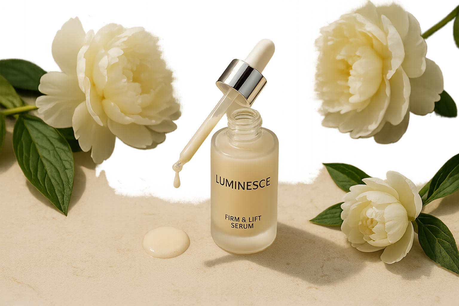 Still life of Luminesce Firm & Lift Serum with natural ingredients and soft lighting symbolizing skin firmness support