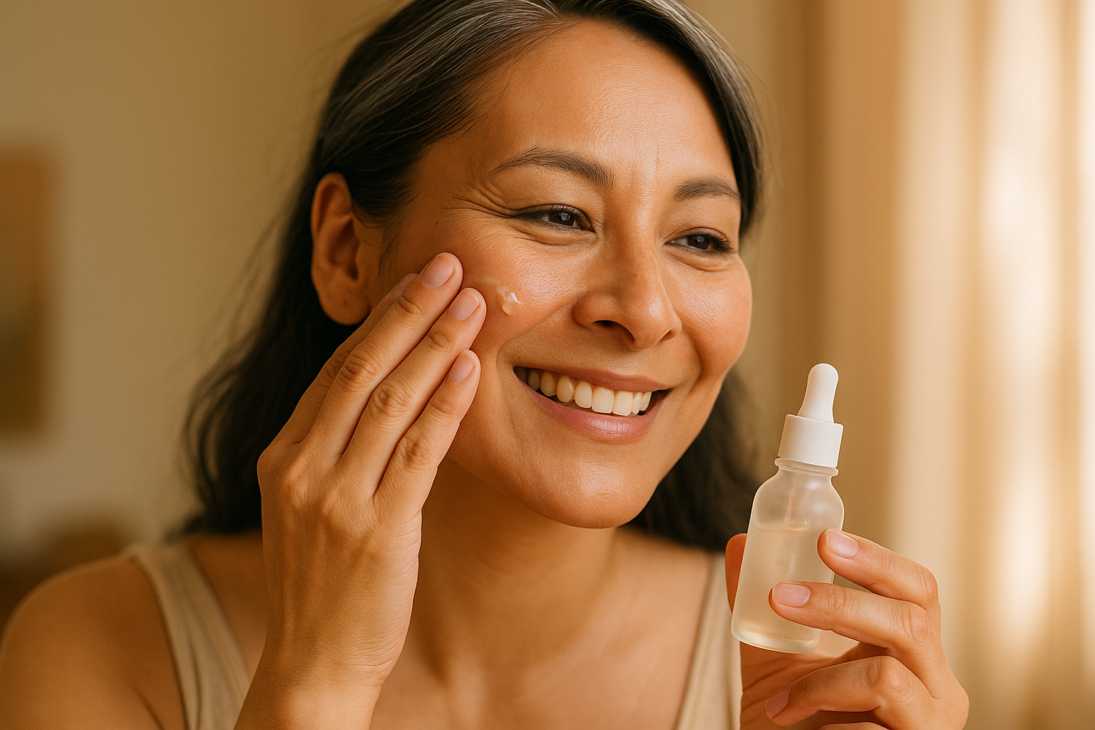 Close-up of a woman gently applying firming serum to her cheek in natural bright setting