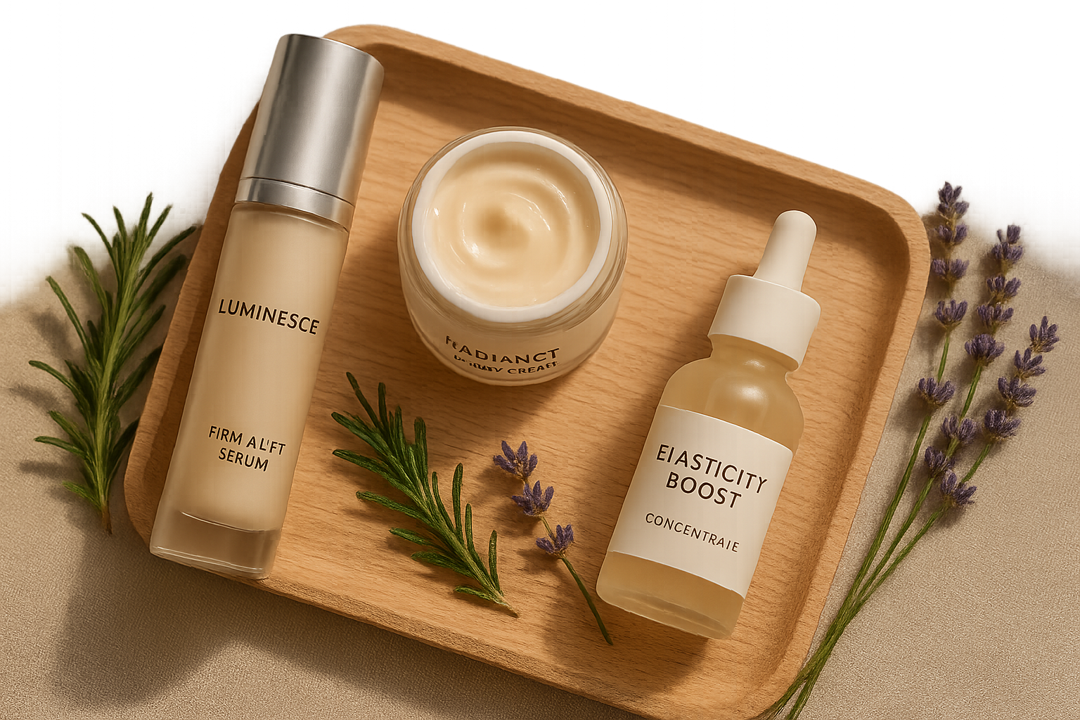 Top-down view of three firming skincare products arranged on a vanity with botanical elements