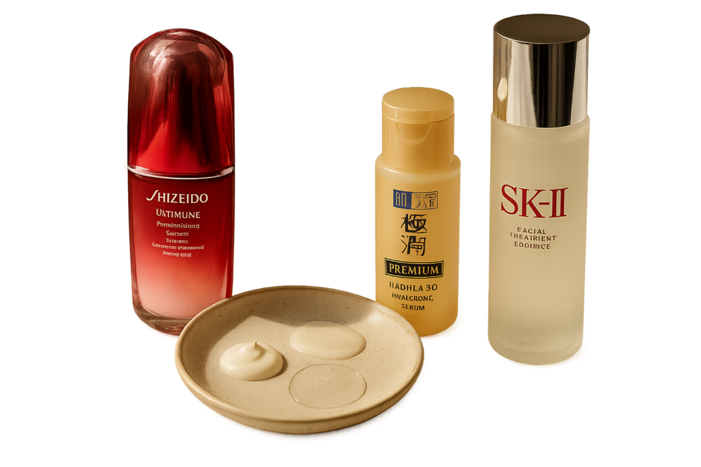 Elegant still life of three premium anti-aging serums with natural sunlight and soft shadows